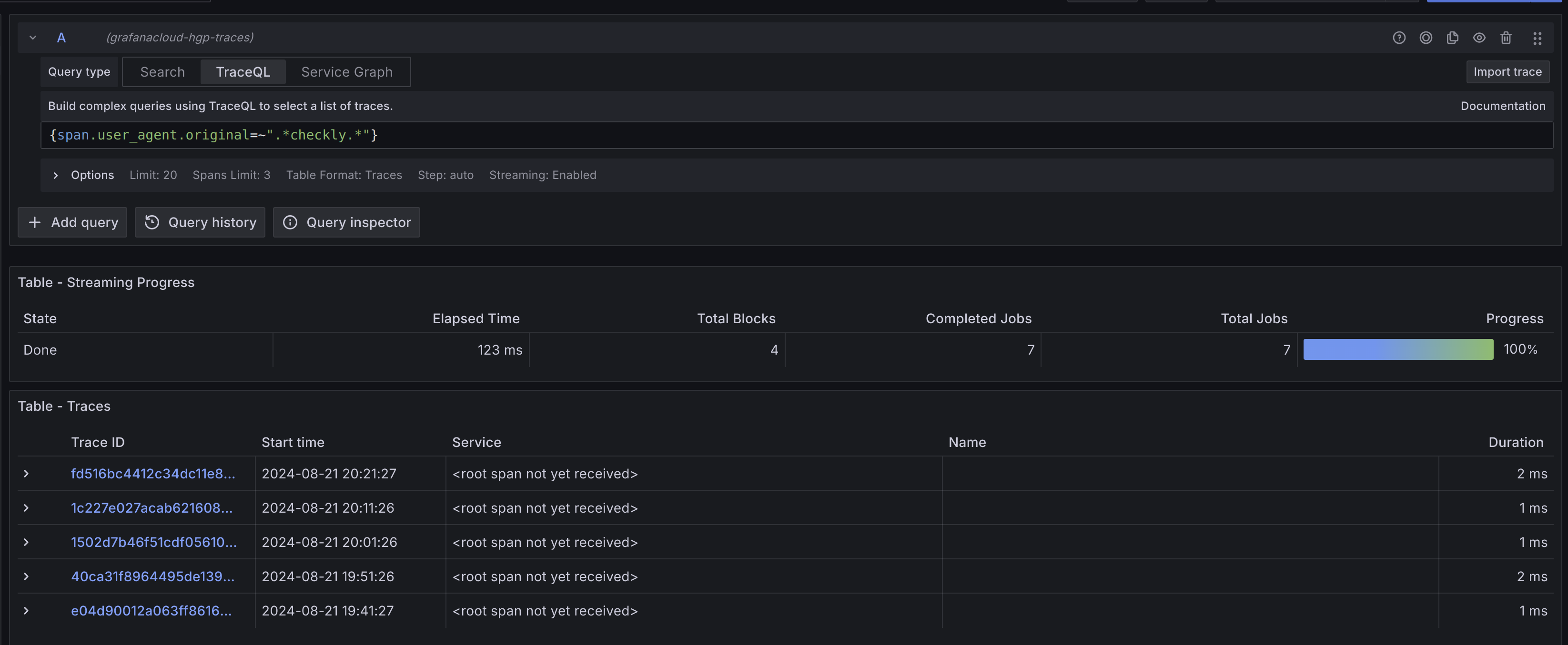 Checkly traces found with Grafana Tempo