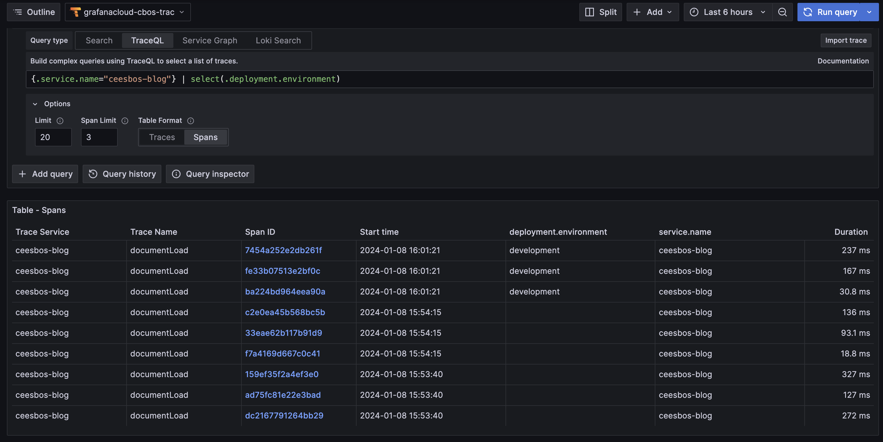 traces with deployment environment